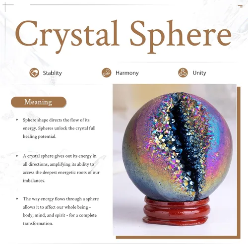 Miniatura 2 de Nupuyai Esfera de ágata de geoda druzy revestida de titanio con soporte de madera, bola de cuarzo de cristal de energía curativa para decoración