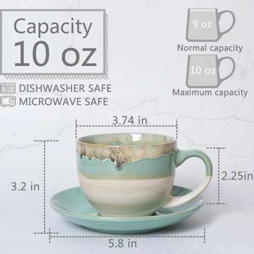 Miniatura 2 de Bosmarlin Juego de 2 Tazas de Capuchino de Cerámica con Platillo, 10 Oz, Tazas de Café para Café con Leche, Espresso, Té, Aptas para Lavavajillas