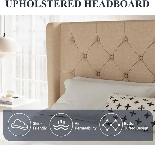 Miniatura 4 de Allewie Base de cama de tamaño matrimonial con cabecera copetuda con botones en la parte trasera, marco de cama tapizado moderno con soporte