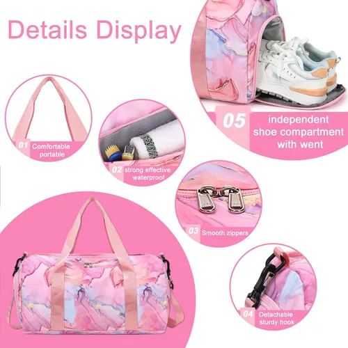 Miniatura 4 de BLUBOON Bolsa de lona para niñas y niños, bonita bolsa de gimnasio con compartimento para zapatos y separación húmeda, bolsa de viaje deportiva