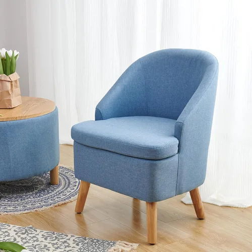 Miniatura 14 de SIMPLEOPULENCE - Silla de barril decorativa para sala de estar, silla de club tapizada de tela moderna con respaldo curvado y patas de madera Marrón
