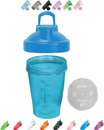 Un azul pacífico puro de 12 onzas, 13.5 fl oz, hecho de PP5, pequeña, marcas de medición, bola mezcladora de batidora de acero inoxidable, sin BPA,