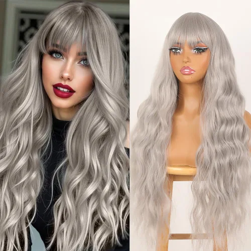 Miniatura 20 de QD-Tizer Pelucas sintéticas de color rubio ceniza con flequillo, pelucas de cabello largo y lacio, sin pegamento, pelucas sintéticas sin encaje