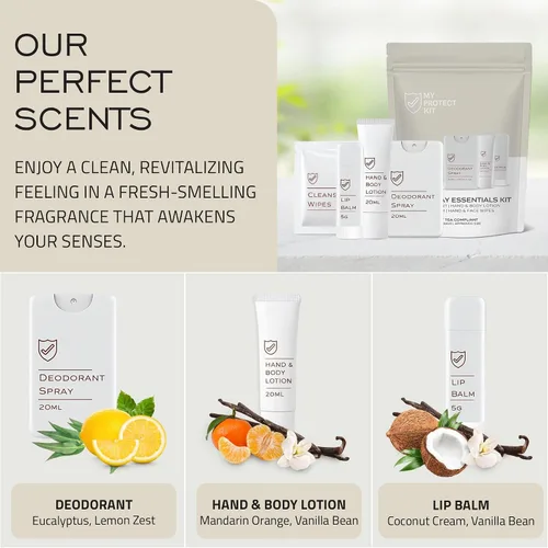 Miniatura 5 de MY PROTECT KIT Everyday Essentials - Kit de viaje de 8 piezas de higiene y aseo con desodorante en aerosol, loción, bálsamo labial y toallitas
