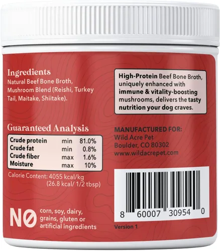 Miniatura 3 de Wild Acre Caldo de hueso de res prémium para perros, alto contenido en proteínas + colágeno mejorado con mezcla de hongos para huesos fuertes