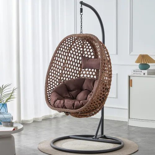 Miniatura 12 de Swining - Silla de huevo con soporte, sillas colgantes de mimbre de ratán para huevos, silla columpio para patio con cojín resistente a los rayos