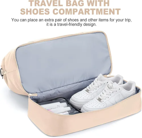 Miniatura 4 de Bolsas de fin de semana para mujer, bolsas de viaje con compartimento para zapatos, Beige, Bolsa de viaje+neceser