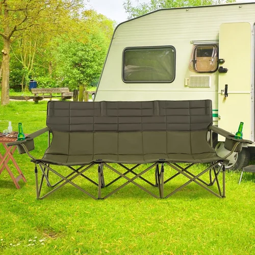 Miniatura 2 de Goplus Silla de campamento para 3 personas para adultos, silla plegable de gran tamaño para exteriores baja con portavasos y acolchado grueso, silla