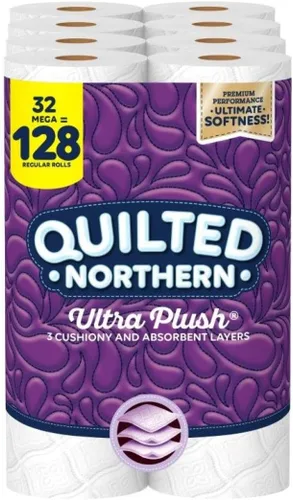 Quilted Northern Papel Higiénico Ultra Suave, 32 Mega Rollos = 128 Rollos Regulares, Papel de Baño de 3 Capas (El Empaque Puede Variar), 8 Unidades
