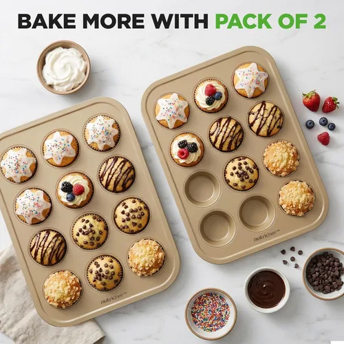 Miniatura 4 de NutriChef Moldes antiadherentes para magdalenas de 12 tazas para cupcakes, molde de 2 piezas para cupcakes, bandeja apilable de acero al carbono