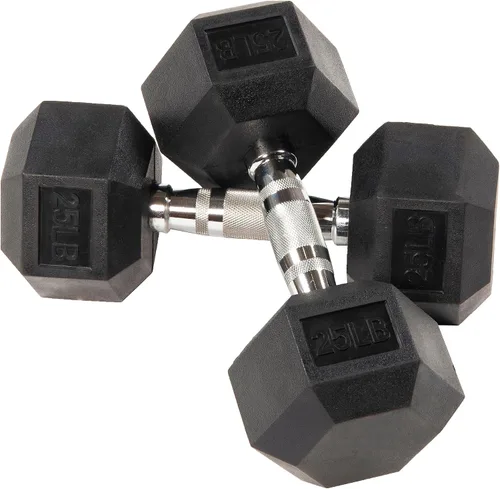 Miniatura 3 de Signature Fitness Fitvids Mancuerna hexagonal con revestimiento de goma, par de 25 libras con estante de 2 niveles, par de 25 libras con 2 estantes