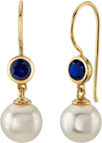 Peora Aretes colgantes de oro amarillo de 14 quilates, perlas blancas cultivadas en agua dulce de 0.315 in y zafiro azul creado para mujer, piedra