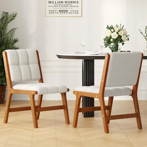Furniliving Juego de 2 sillas de comedor de madera de roble, silla de cocina tapizada de tela de lino moderna de mediados de siglo, sillas de Gris