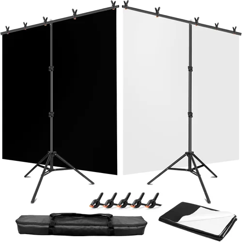 Pantalla de fondo en blanco y negro con kit de soporte de 5 x 6.5 pies para estudio de foto y video, fondo negro reversible 2 en 1, pantalla blanca