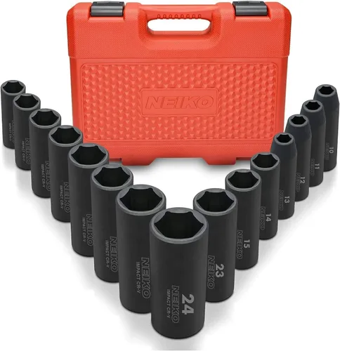 NEIKO 02474A - Juego de llaves de impacto de 1/2 pulgada, juego de llaves métricas de 10-24 mm, dados profundos, 6 puntos, cubos de 1/2 pulgada para