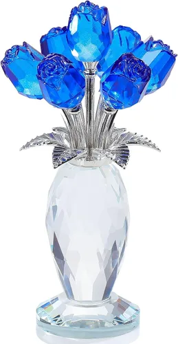 Movdyka Figura de flor de cristal de rosa azul con jarrón de cristal, regalos para mujeres, esposa, novia, mamá, decoración de mesa coleccionable