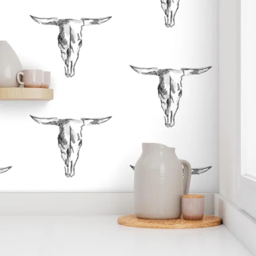 Miniatura 8 de Papel tapiz para despegar y pegar, diseño de vaca cráneo de toro, blanco y negro, vaquero occidental, rústico, extraíble, por Spoonflower
