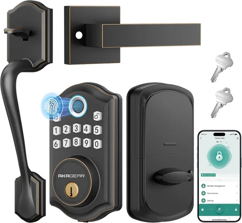 AkaGear DS10 Pro - Cerradura de puerta de entrada sin llave con conjunto de manijas, juego de cerraduras inteligentes para puerta principal, teclado