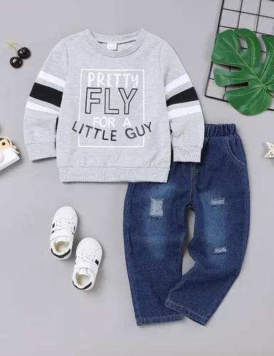 Miniatura 8 de oklady Ropa para niño pequeño, sudadera de manga larga con letras y pantalones de mezclilla rasgados, trajes de otoño e invierno para niños, 2-6T
