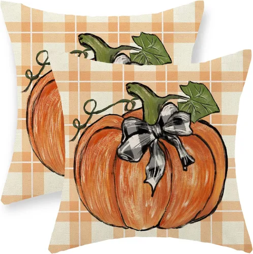Miniatura 18 de Juego de 2 fundas de almohada de otoño de 16 x 16 pulgadas, diseño de calabaza azul y naranja, decoración de Acción de Gracias, decoración de otoño