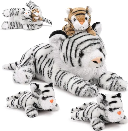 Miniatura 9 de MaoGoLan Juego de 4 peluches de león de 19.6 pulgadas con 3 bebés en ella con cremallera trasera, regalos encantadores para niños, adecuado