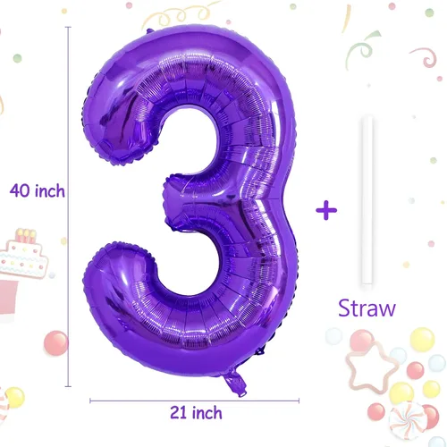 Miniatura 2 de Globo morado de 40 pulgadas con el número 3, globos de helio de Mylar de gran tamaño para fiesta de cumpleaños, boda, aniversario, despedida