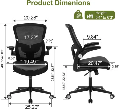 Miniatura 3 de Ergonomic PU Leather Office Chair, 400lbs Weight Capacity, Breathable Mesh Back, Adjustable Height & Flip-Up Arms, Heavy Duty Computer Desk Chair