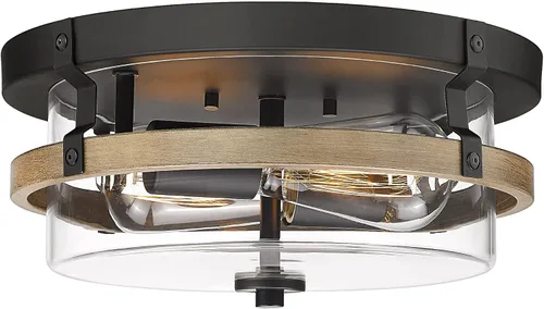 EAPUDUN FMA1443-FBDT - Lámpara de techo de madera empotrada con pantalla de vidrio transparente, lámpara de techo retro de 2 luces para pasillo,