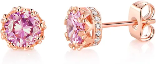 Miniatura 19 de MDFUN Aretes chapados en oro rosa para mujer, 0.236 in, corona brillante redonda, piedra natal, regalo de cumpleaños