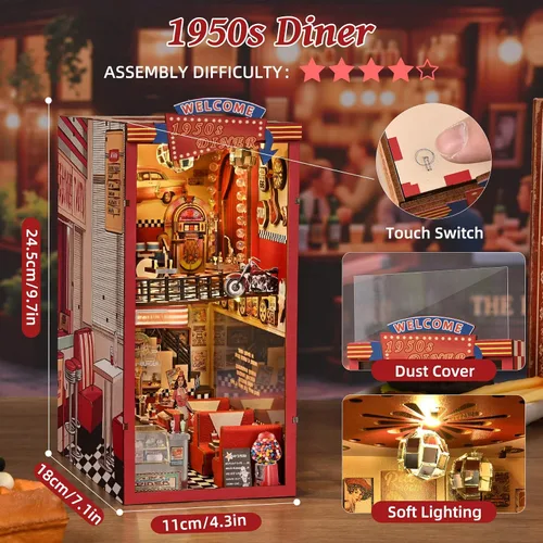 Miniatura 6 de fifijoy Kit de rincón de libros - Kit de casa de muñecas en miniatura DIY para adultos y adolescentes, decoración retro de estantería de restaurante