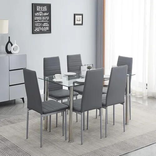 Miniatura 10 de Juego de mesa y silla de comedor de 7 piezas, juego de mesa de comedor para 6 mesas de cocina con 6 sillas, mesa rectangular de vidrio con 6 sillas