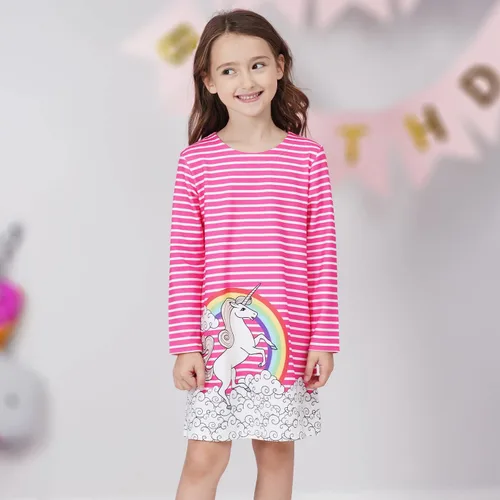 Miniatura 3 de Quedoris Vestido casual de manga larga con estampado de unicornio para niñas de 4 a 10 años