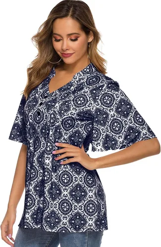 Miniatura 3 de HOCOSIT - Camiseta de manga corta con olanes y cuello en V con estampado de flores, plisada y abotonada, para mujer