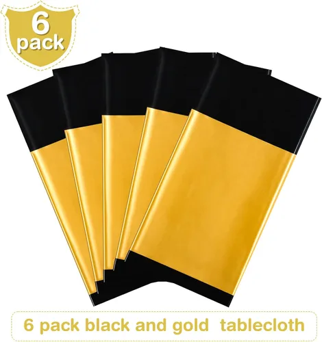 Miniatura 4 de Tatuo Juego de 6 manteles de plástico negro y dorado de 54 x 108 pulgadas, manteles rectangulares desechables y camino de mesa para graduación, baby