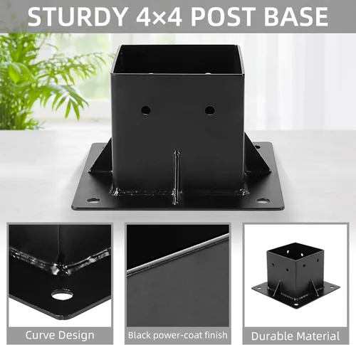 Miniatura 6 de Base de poste de 4 x 4, 4 piezas, soportes de base de poste de cubierta (interior de 3.6 x 3.6 pulgadas) con recubrimiento de polvo negro, soporte