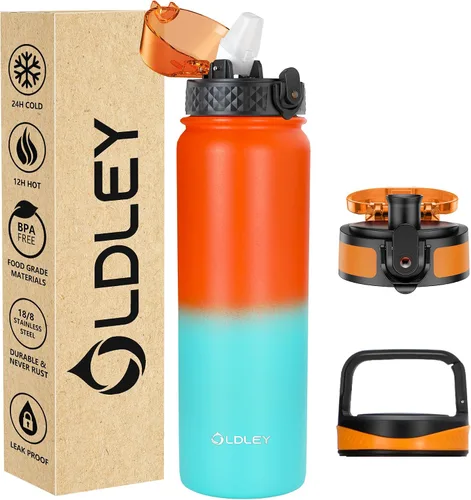 Miniatura 47 de Botella de agua aislada Oldley de 12 oz con pajita, botella de agua de acero inoxidable con 2 tapas, botellas de doble pared con vacío para adultos