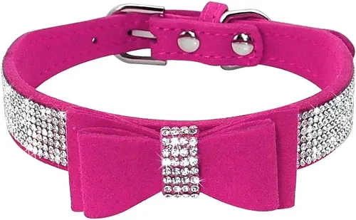 Miniatura 6 de Beirui Collar de piel con diamantes de imitación para perro y gato, con diamantes de cristal brillantes y tachuelas, bonito lazo doble para Rosa