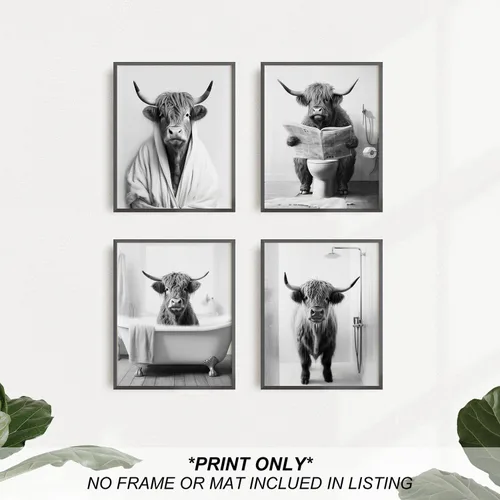 Miniatura 4 de heilkee Decoración de baño de vaca de las tierras altas en blanco y negro, divertido arte de pared de animales para baño, decoración moderna