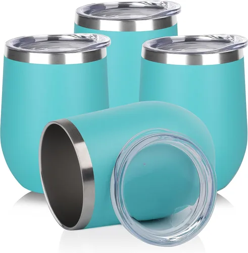 Miniatura 11 de DOMICARE - Juego de 8 vasos de vino de 12 onzas con tapa, hechos de acero inoxidable con aislamiento al vacío de doble pared, color celeste Azul