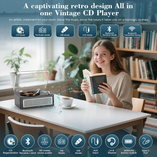 Miniatura 2 de Reproductor de CD portátil Bluetooth: Reproductores de CD Kegaudio para el hogar con altavoces 3600mAh recargable y radio y control remoto