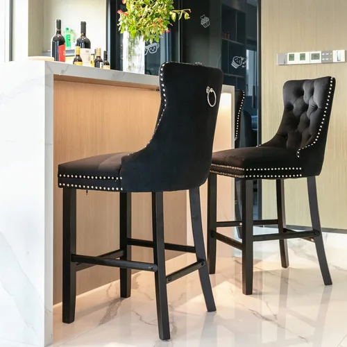 Miniatura 4 de Juego de 2 taburetes de bar de altura de mostrador, sillas de comedor tapizadas de terciopelo con ribete de cabeza de clavo, patas de madera