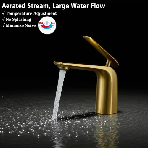 Miniatura 3 de TOCALOCA Grifo de baño de oro cepillado, un solo orificio, una sola palanca, grifo de lavabo tipo vasija, cobre, flujo aireado, 2.2 GPM, garantía