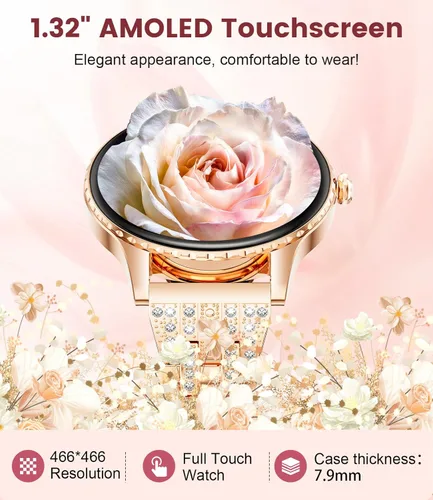 Miniatura 6 de Relojes inteligentes para mujeres con pantalla AMOLED de 1.32", llamadas por Bluetooth, 121 modos deportivos, monitor de frecuencia cardíaca