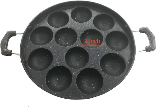Miniatura 5 de Sartén antiadherente Appam – 12 hoyos con tapa de acero inoxidable para Appam, Paniyaram, Aebleskiver y Paddu Mango resistente al calor Appe Maker
