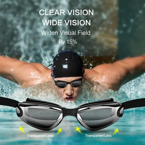 Miniatura 7 de Gafas de natación sin fugas con clip de nariz, tapones para los oídos, gorro de natación y funda para hombres y mujeres Azul lago