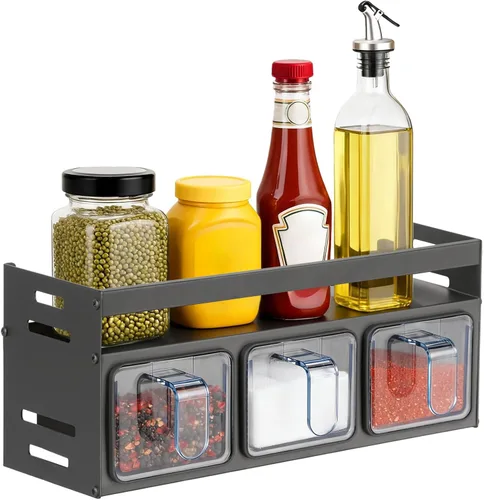 Miniatura 11 de Estante de especias de cocina, organizador de cocina y estante de almacenamiento con 4 cucharas, organización de especias para gabinetes, pared