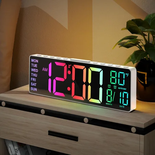 Miniatura 10 de JALL Reloj despertador digital grande de 10.5 pulgadas con 8 colores RGB, fecha, mes, temperatura LED, DST automático, reloj digital de gran