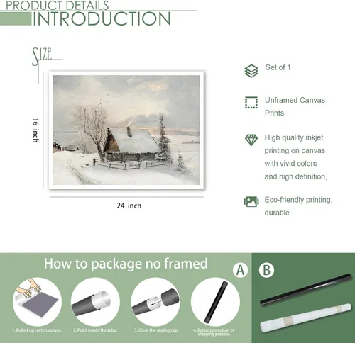 Miniatura 7 de Huabsad Lienzo vintage de Navidad con diseño de casa de campo, arte de pared, estilo retro, nieve, invierno, pueblo, paisaje, famoso, pintura al