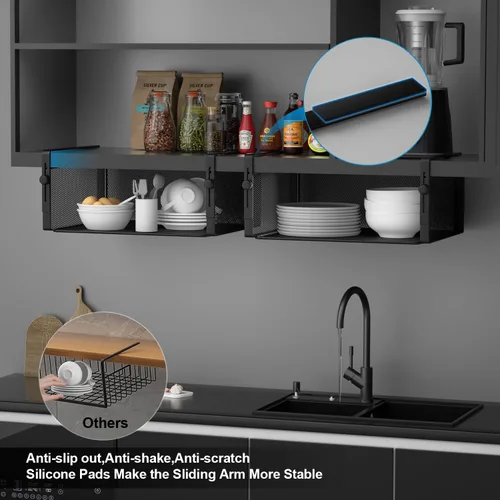 Miniatura 5 de AmonHouseware Paquete de 2 Organizadores de Canasta Bajo Estante, Soporte Colgante Ajustable para Gabinete Despensa Cocina Alacena Escritorio
