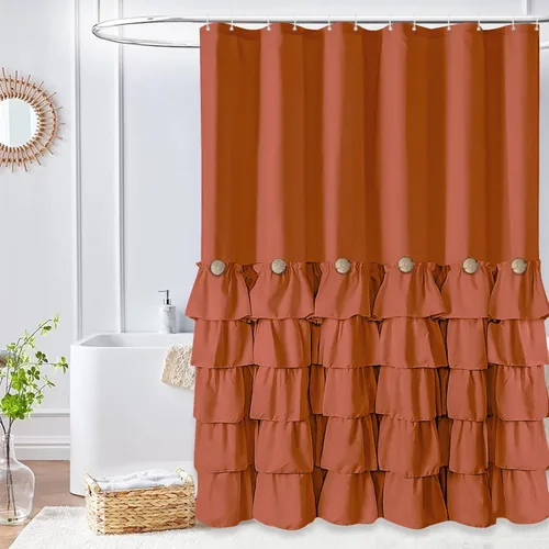 Miniatura 9 de Cortina de ducha Seasonwood de tela blanca con volantes, cortina de ducha estilo granja, cortinas de ducha de 72 x 84 pulgadas con botones y Blanco